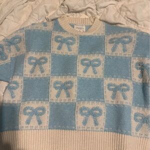 Chic Blue and Cream Bow Sweater